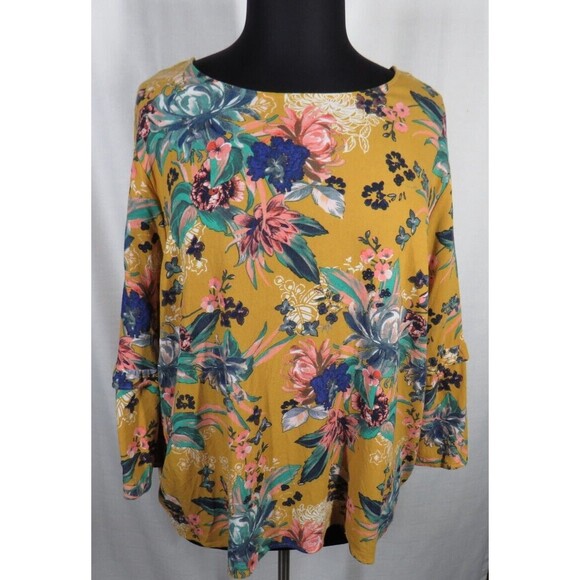 Ava + Viv Women's Mustard Floral Strappy Back Flare Sleeve Blouse Plus 4X - Picture 3 of 10